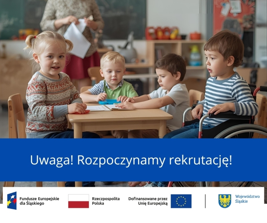 Zdjęcie dzieci w przedszkolu z hasłem Rozpoczynamy rekrutację. Logotypy unijne